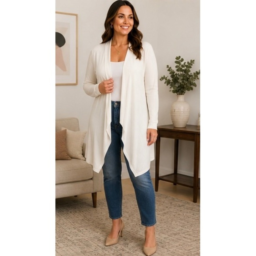 Ann Taylor Women's Large Ivory Open Front Long Cardigan Lightweight Duster